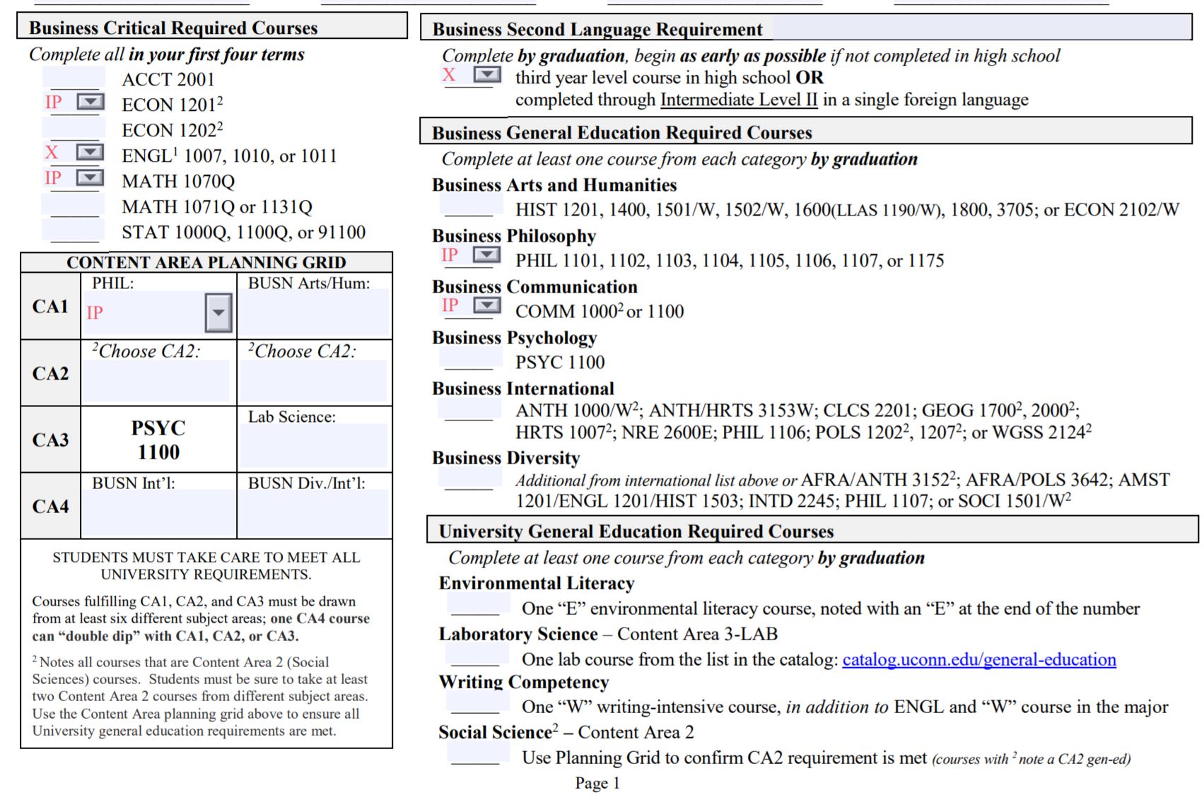 This academic requirements section for business students at UConn specifies critical first-term courses and mandates completion of second language, business general education (one course from each of six areas), and university general education requirements (environmental literacy "E" course, lab science, two "W" courses, and social science in Content Area 2). A planning grid outlines four content areas with rules against excessive overlap.