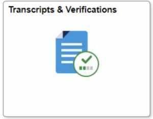 A blue document icon with horizontal lines representing text has a green circle with a white checkmark superimposed on it. Below the checkmark, there are three horizontal green bars and two gray dashed lines. The text "Transcripts & Verifications" appears at the top left of the image.