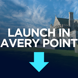 A historical stone mansion with turrets and a green lawn is overlaid with the text "LAUNCH IN AVERY POINT" and a large downward-pointing arrow.
