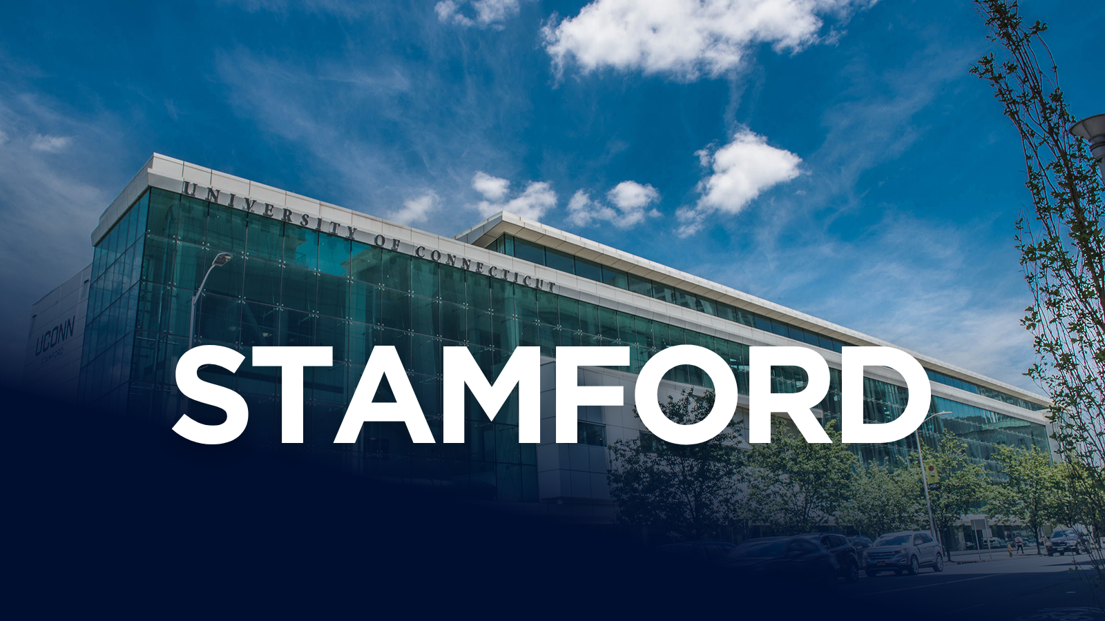 A modern building with a glass facade and flat roof. The word "STAMFORD" is prominently displayed in large white letters across the bottom.