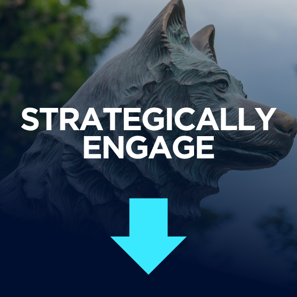 A husky statue's head and shoulders are shown, with the words "STRATEGICALLY ENGAGE" in white text and a light blue downward-pointing arrow overlaid on a dark blue background.